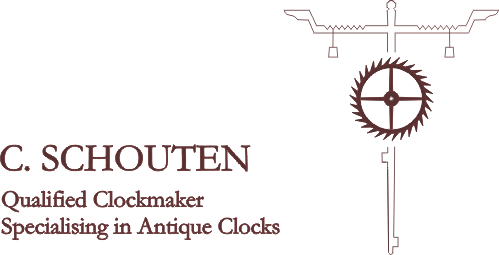 Logo met de naam C. Schouten , qualified clockmaker, specialising in antique clocks
